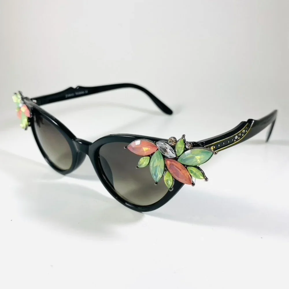 Retro Rhinestone hand embellished sunglasses Jet with pastel rhinestone wings